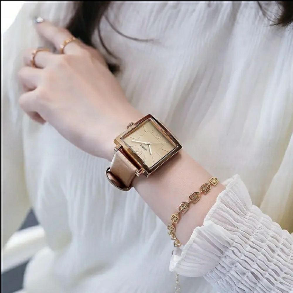 NEW! Golden Coffee Square Quartz Watch with Brown Leather Strap - Picture 9 of 12